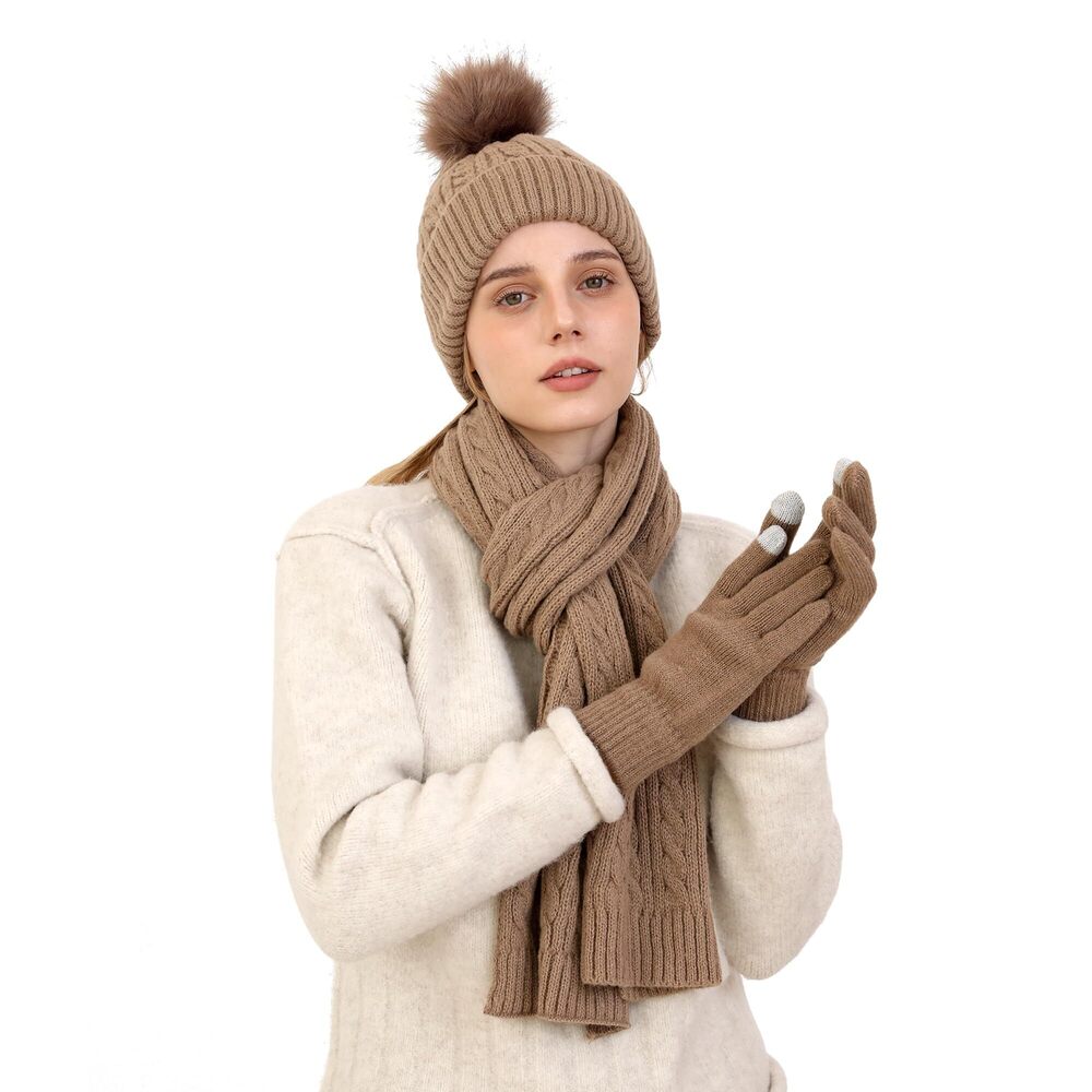 2489 Winter Beanie Hat Scarf Gloves Set Beanie with Pom Long Scarf Warm